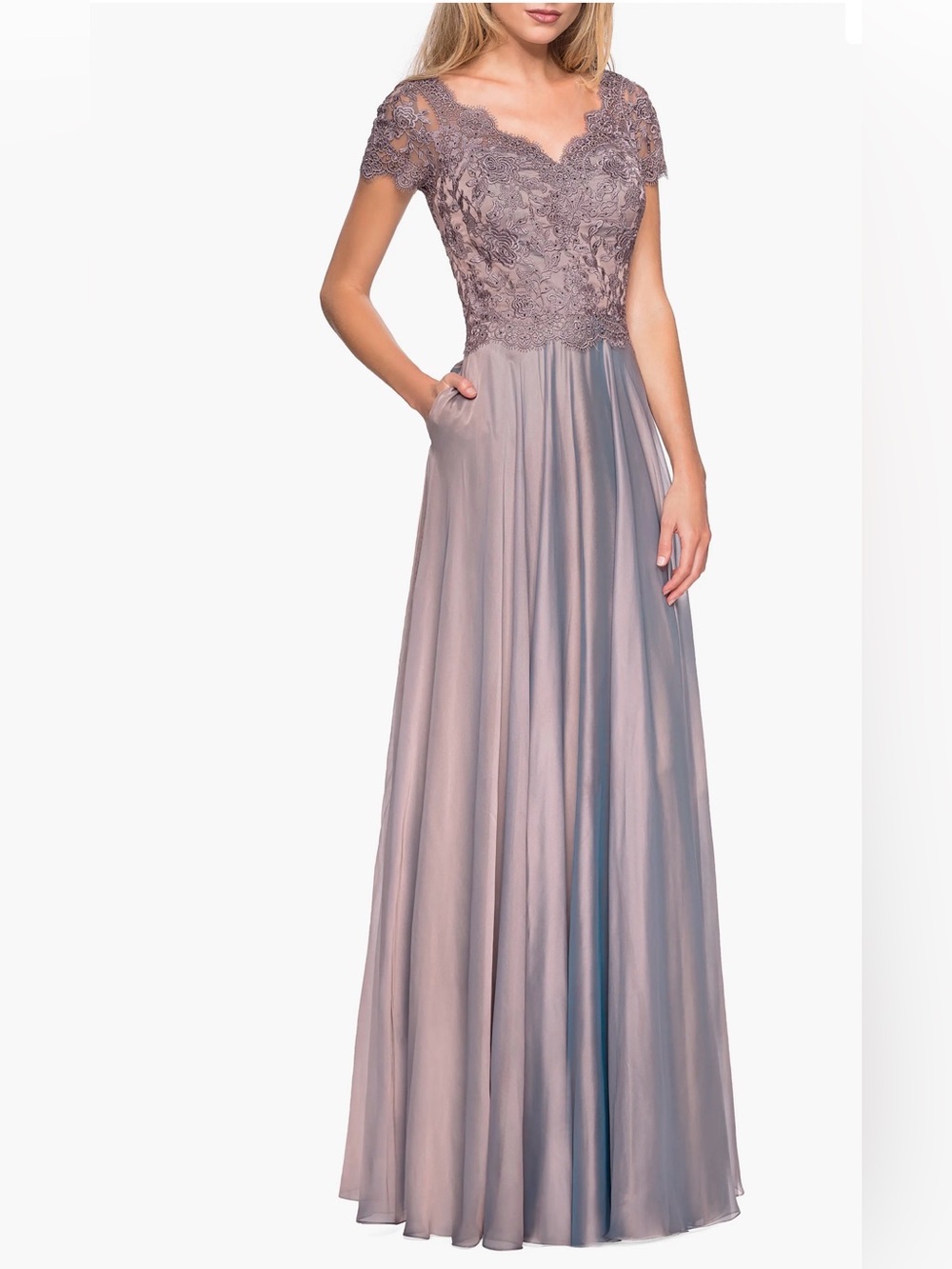 La Femme Long Chiffon Dress with Lace Bodice and Pockets Cocoa Size:18 $515